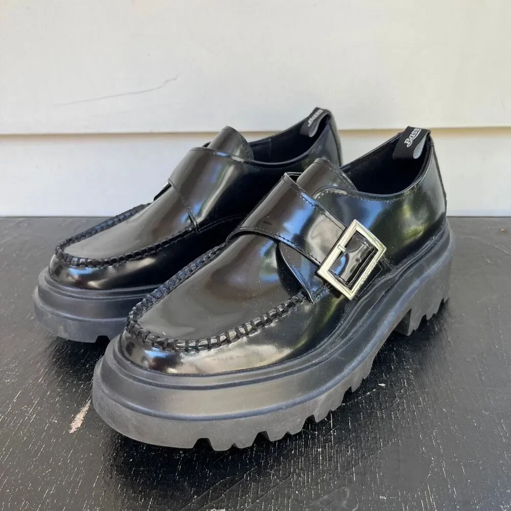 G.H. Bass Ella Platform Derby Loafers 9.5 Black Leather Chunky Lug Sole